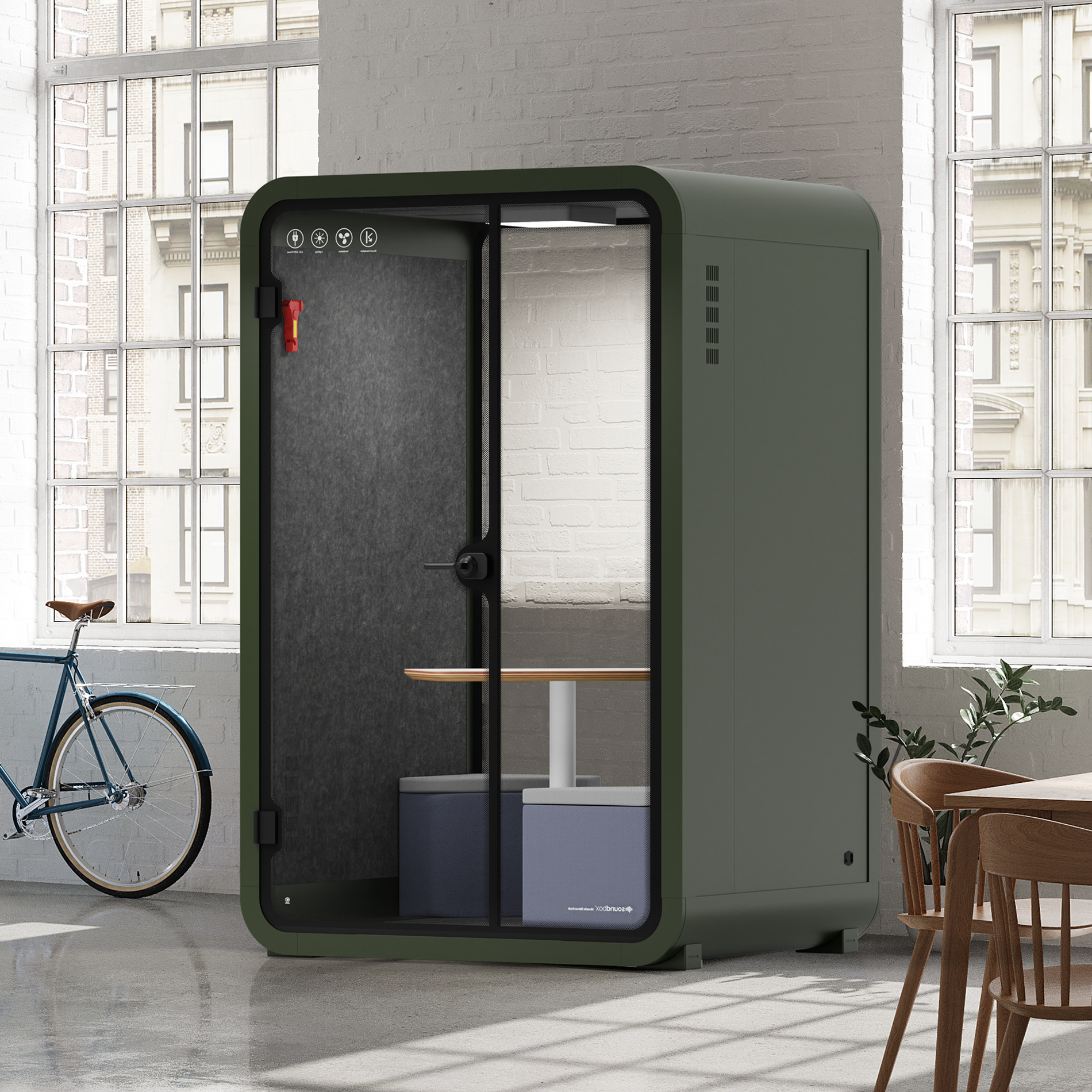 Office Phone Booth Quell - 2 PersonGreen / Dark Gray / Meeting Room + Table + Corner Stool