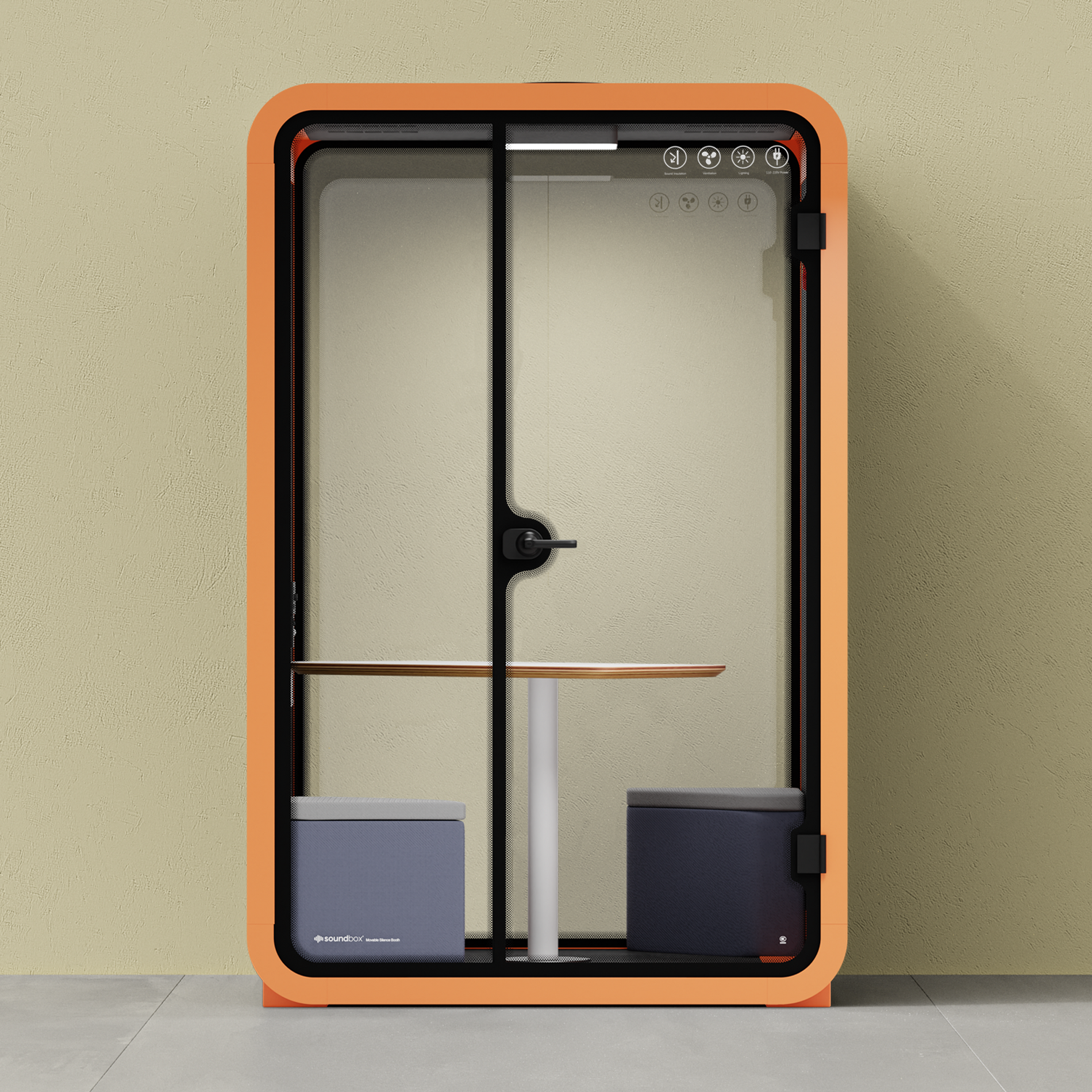 Office Phone Booth Quell - 2 PersonOrange / Dark Gray / Meeting Room + Table + Corner Stool