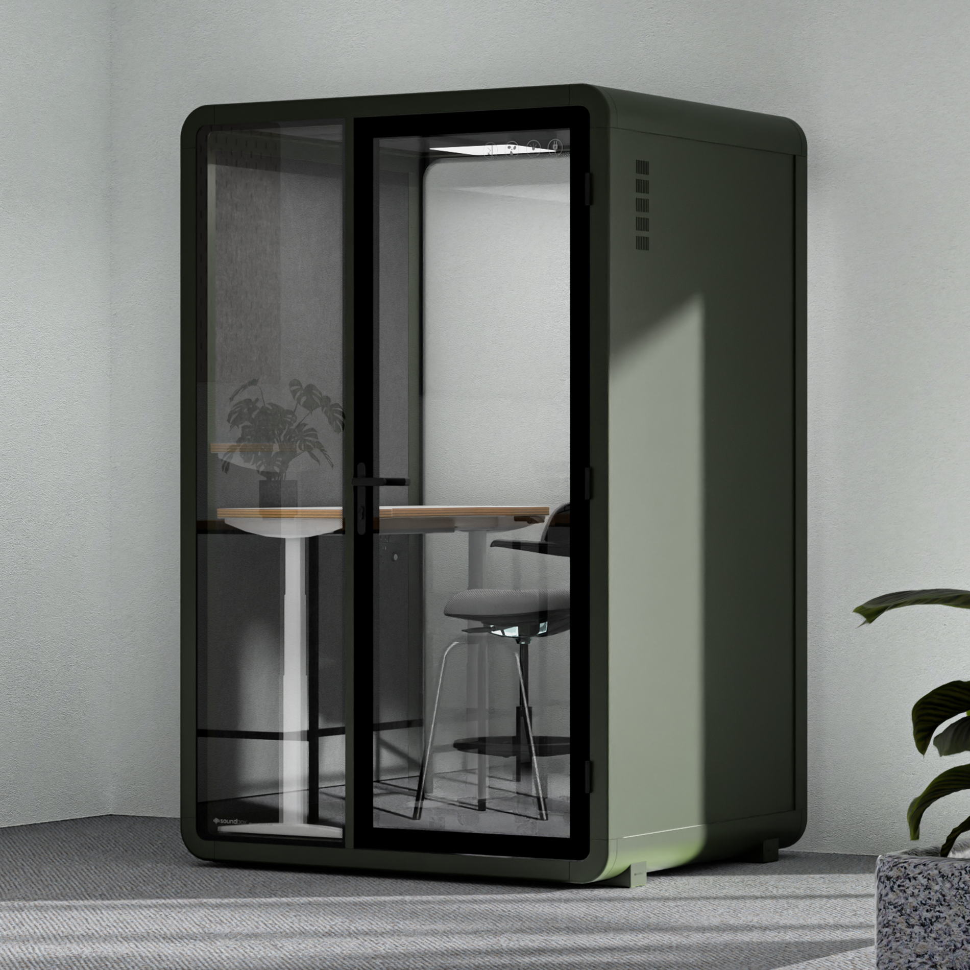 Quell - CoWorker - 2 Person PodDark Green / Dark Gray / Dual Zoom Room + Device Shelf + 2 Barstools
