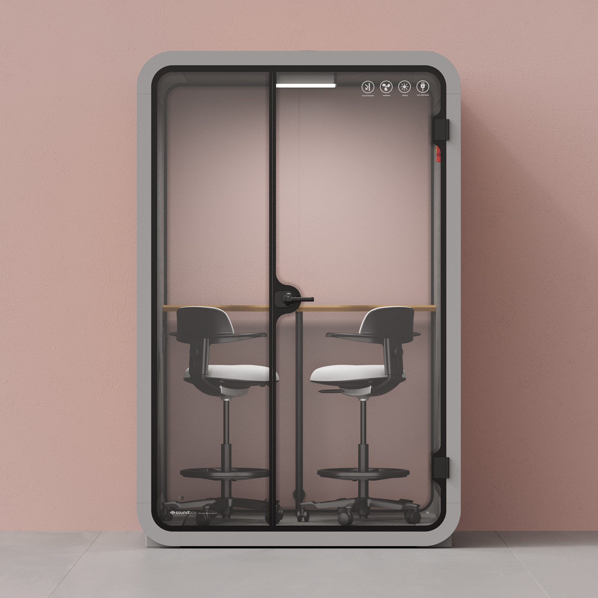 Office Phone Booth Quell - 2 PersonLight Grey / Dark Gray / Dual Zoom Room + Device Shelf + 2 Barstools