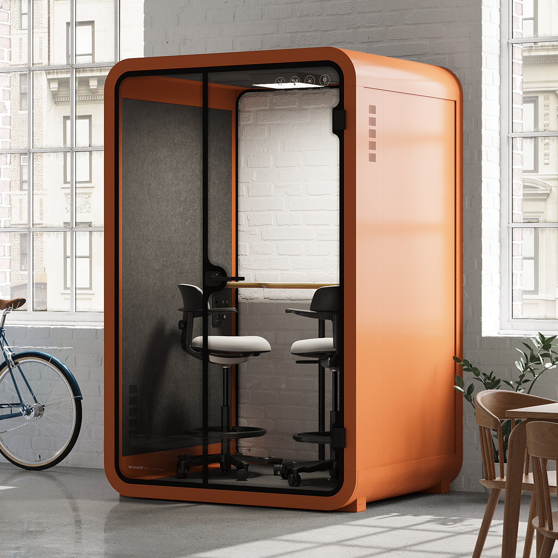 Office Phone Booth Quell - 2 PersonOrange / Dark Gray / Dual Zoom Room + Device Shelf + 2 Barstools