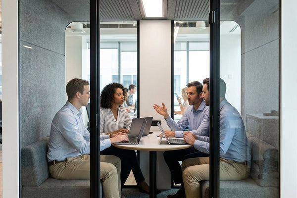 Soundproof meeting booth for private equity deal teams