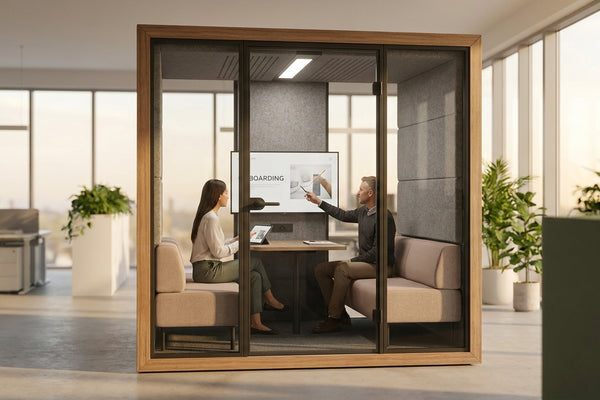 Soundproof meeting pod for onboarding and training sessions