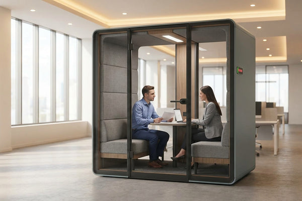Soundproof meeting pod for HR performance reviews