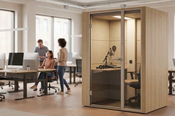 Soundproof booth for podcast and broadcast recording at work