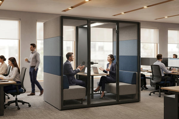 Soundproof meeting pod for insurance brokerage offices