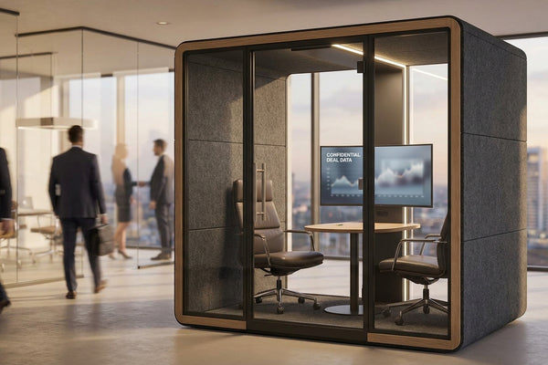 Soundproof meeting room pod for private equity deal rooms
