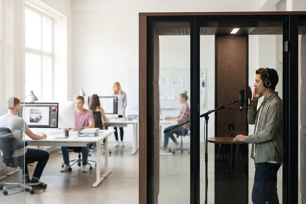 Acoustic booth for voice-over work in a shared creative studio