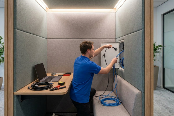 How to wire power and data into a soundproof office pod