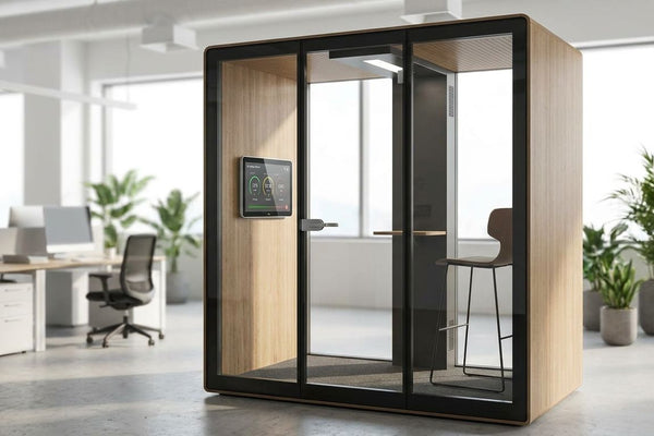 Office pods with air quality monitors for enclosed workspaces
