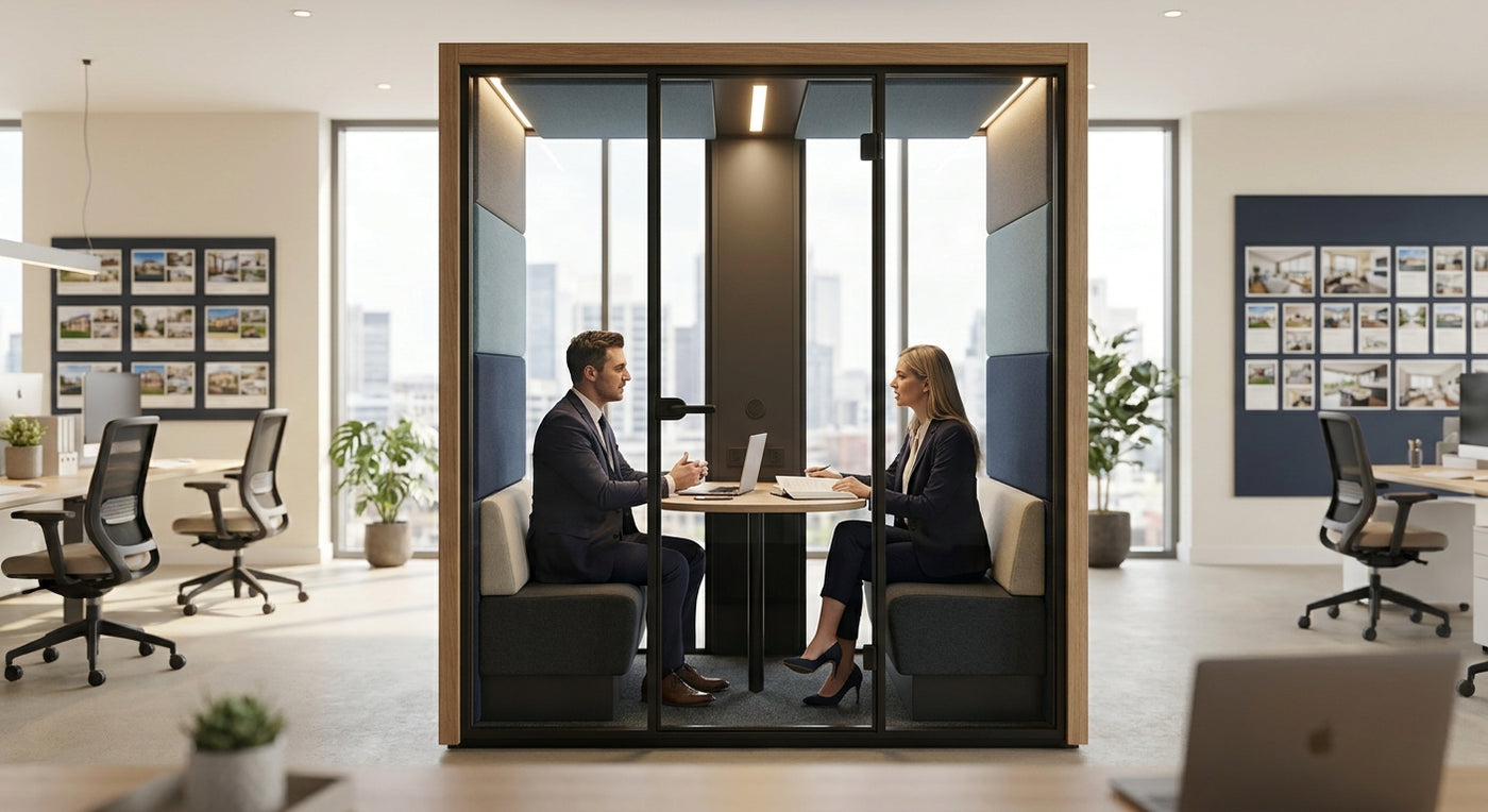 Soundproof meeting pod for real estate agencies