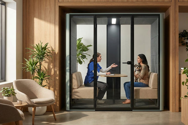 Acoustic pods for veterinary clinic private consultations
