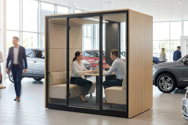 Soundproof pods for automotive dealership sales offices