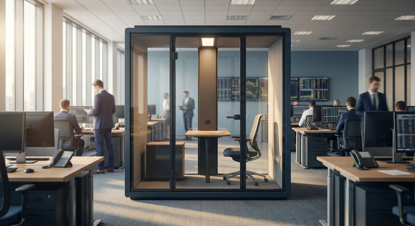 Soundproof office pod for financial services offices