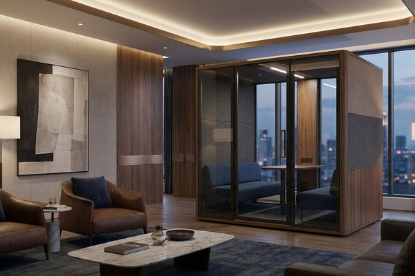 Soundproof meeting pod for private banking client suites