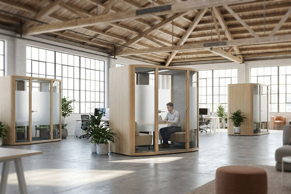 Office pods for high-ceiling warehouse-style offices