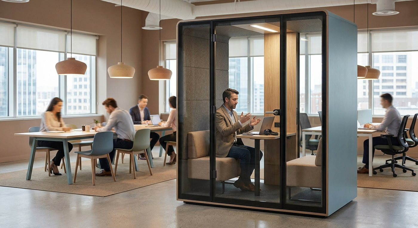 Soundproof office pod for consultants in shared offices