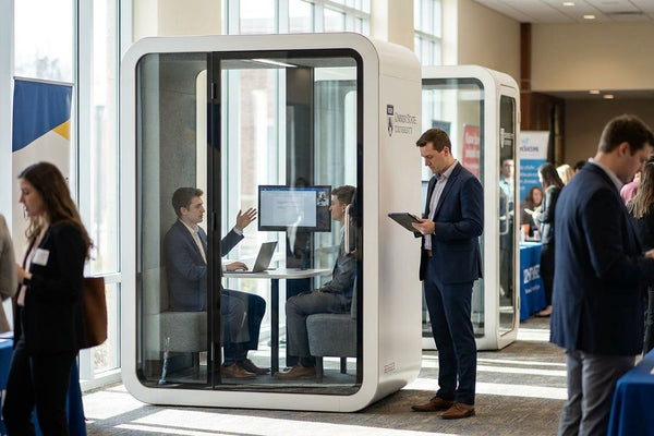 Video interview booths for campus recruiting events