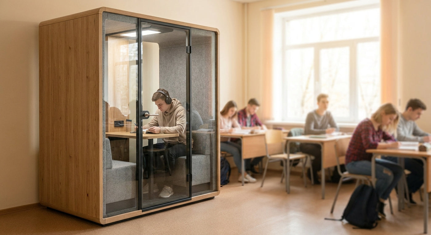 Soundproof booth for student focus in classrooms
