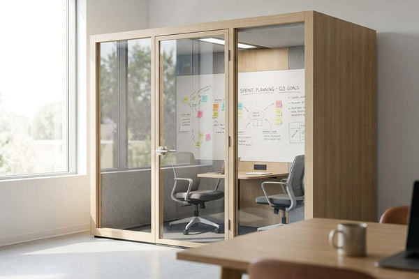 Office pods with built-in whiteboards for sprint planning