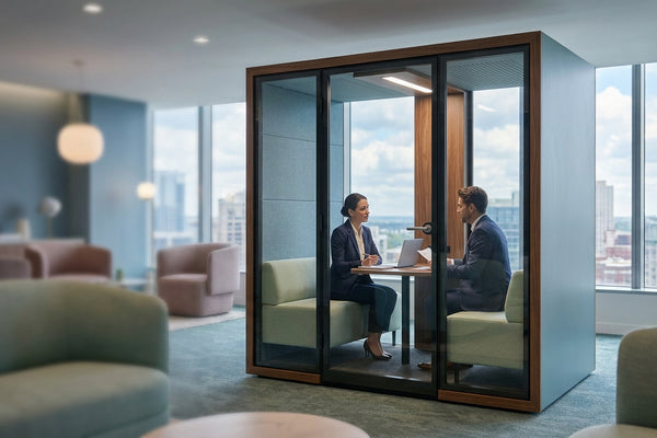 Soundproof pod for wealth management client consultations