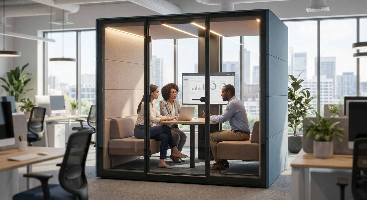 Soundproof meeting pod for marketing teams