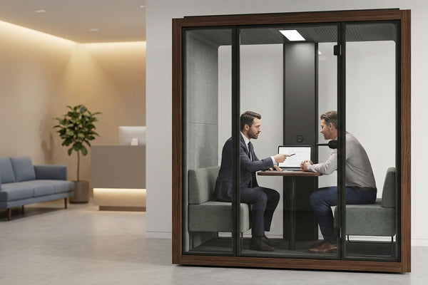 Soundproof pod for financial advisor client meetings