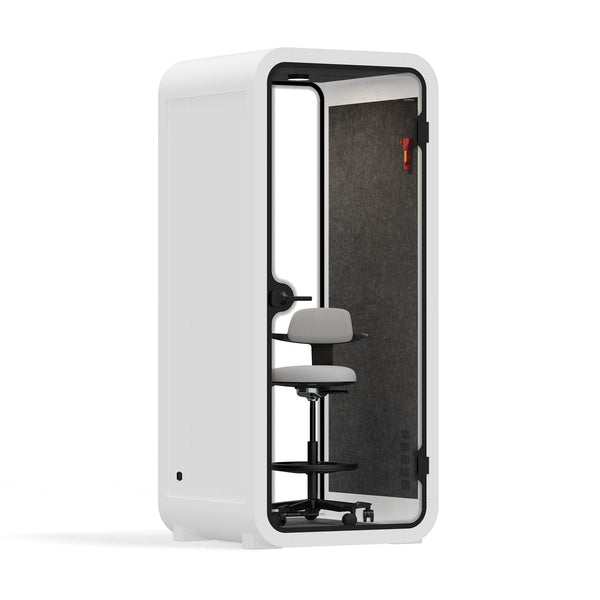 Quell Acoustic Soundproof pod in white, office pod with device shelf, angled product preview