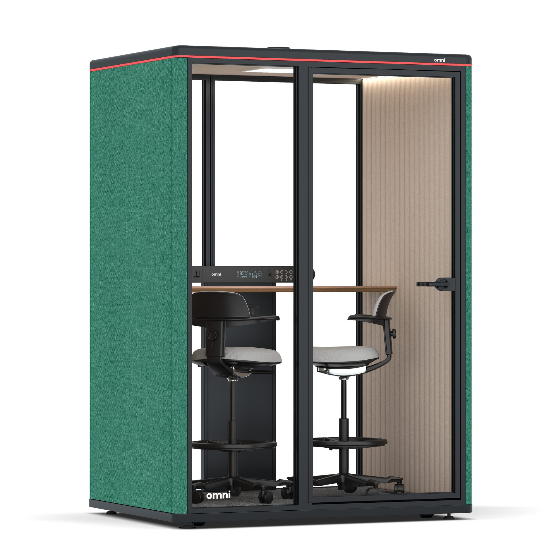 Omni TwoWorkstation + 2 stools / Gabriel Medley Forest Green / #a18e7e
