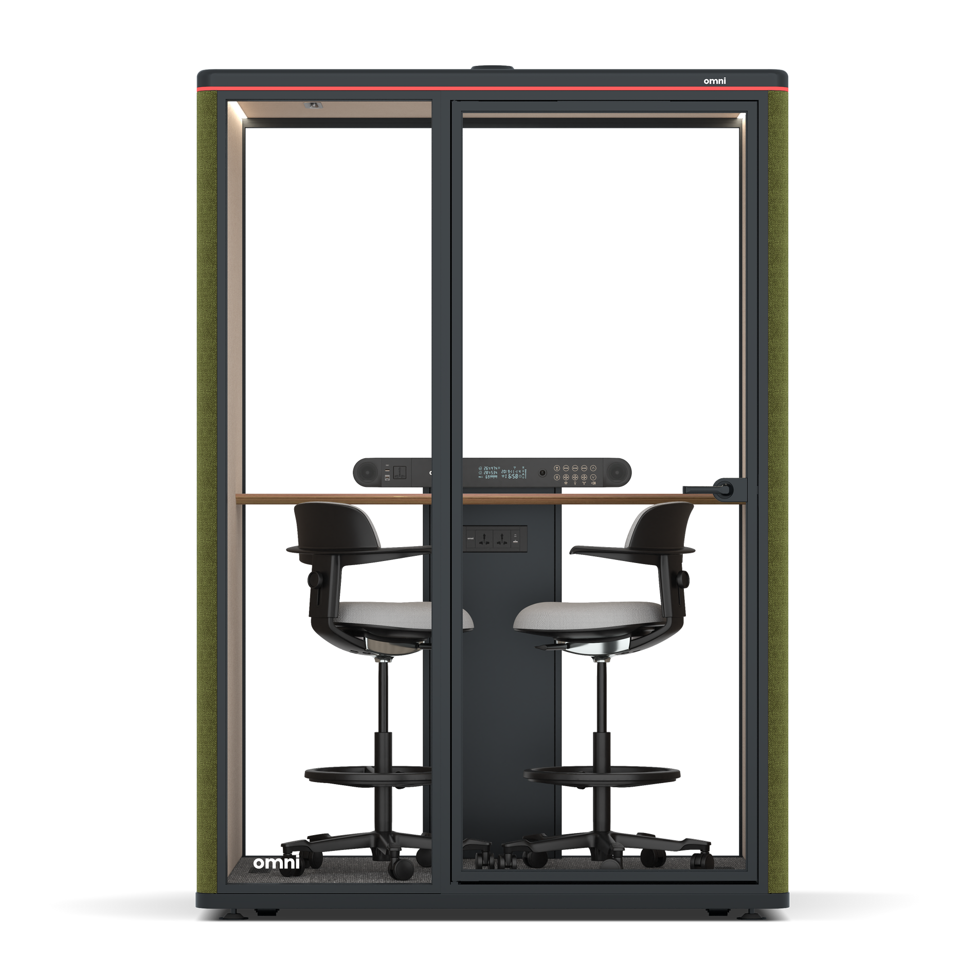 Omni TwoWorkstation + 2 stools / Gabriel Medley Meadow Green / #a18e7e