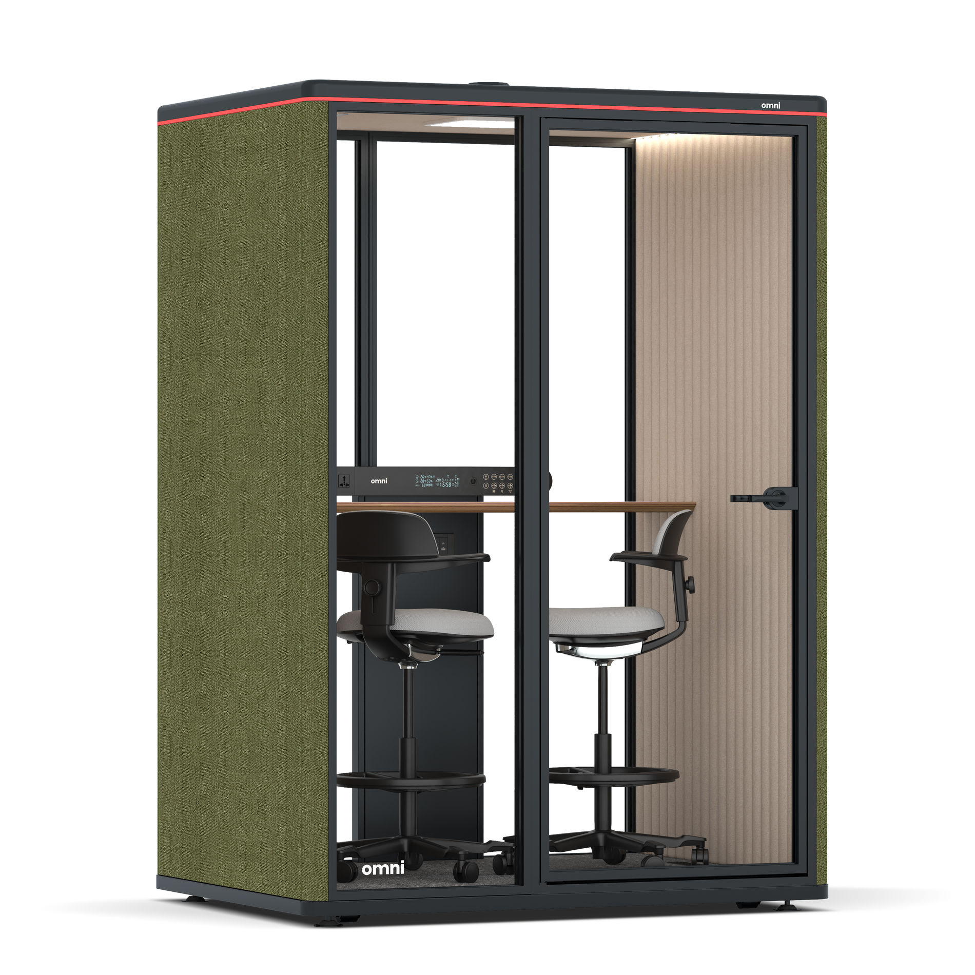 Omni TwoWorkstation + 2 stools / Gabriel Medley Meadow Green / #a18e7e