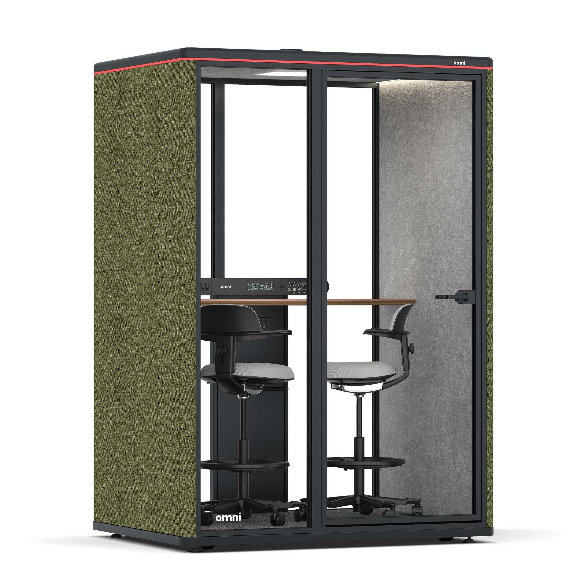Omni TwoWorkstation + 2 stools / Gabriel Medley Meadow Green / #a49f98