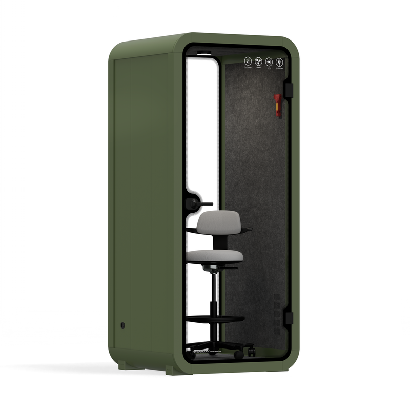 Büro Pod Quell AkustikGreen / Dark Grey / With Furniture | Upgraded Device Shelf