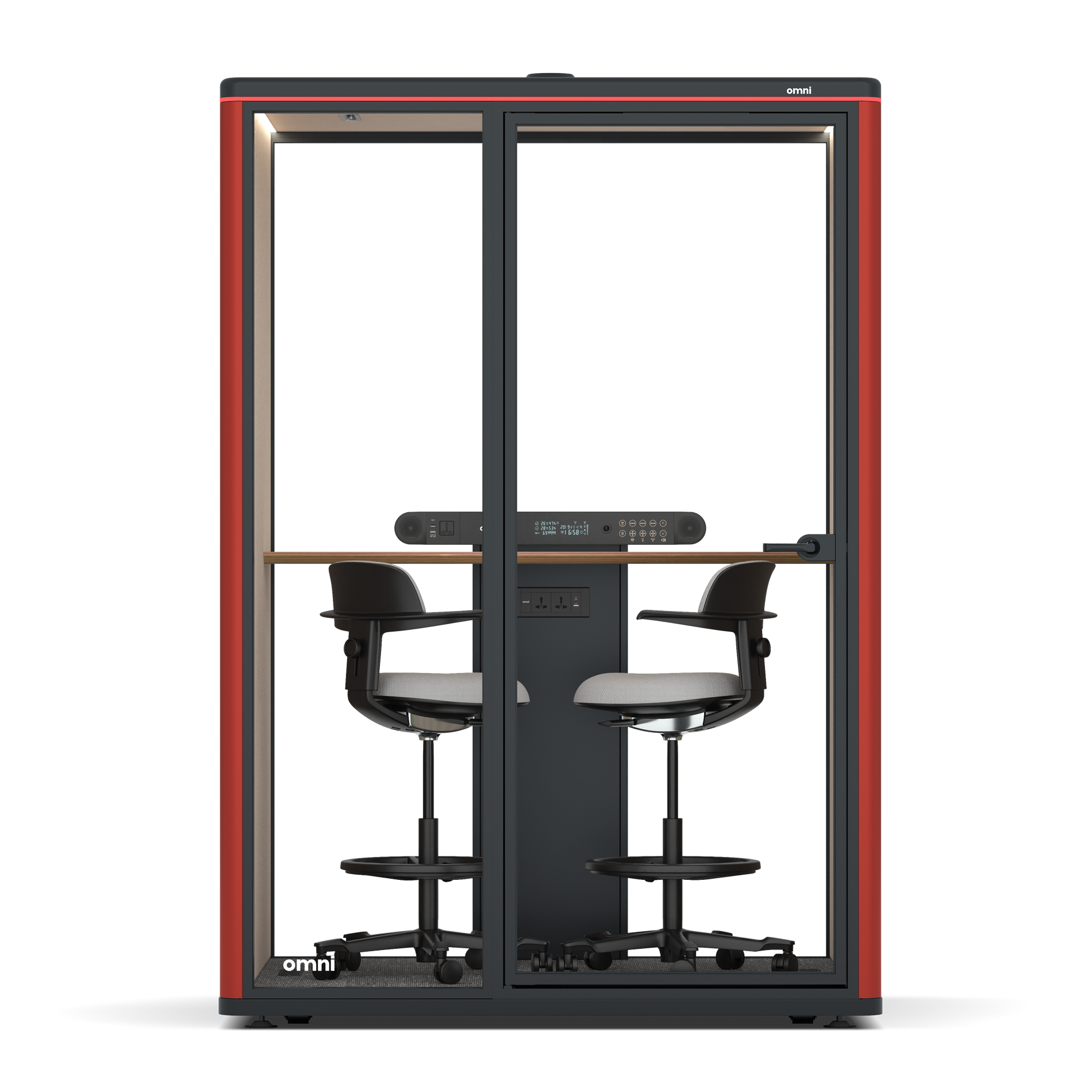 Omni TwoWorkstation + 2 stools / RAL Tomato Red / #a18e7e