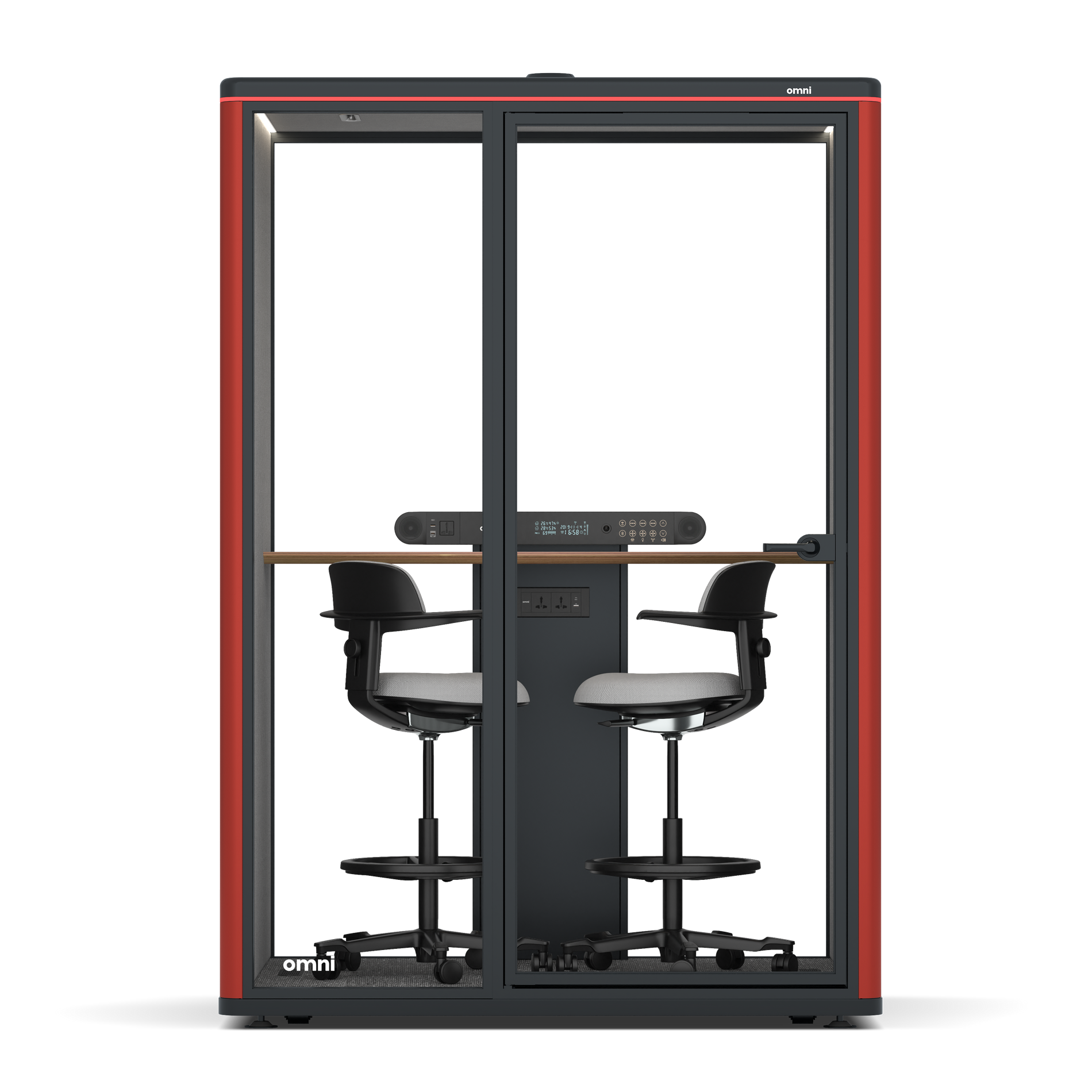 Omni TwoWorkstation + 2 stools / RAL Tomato Red / #6d6c69