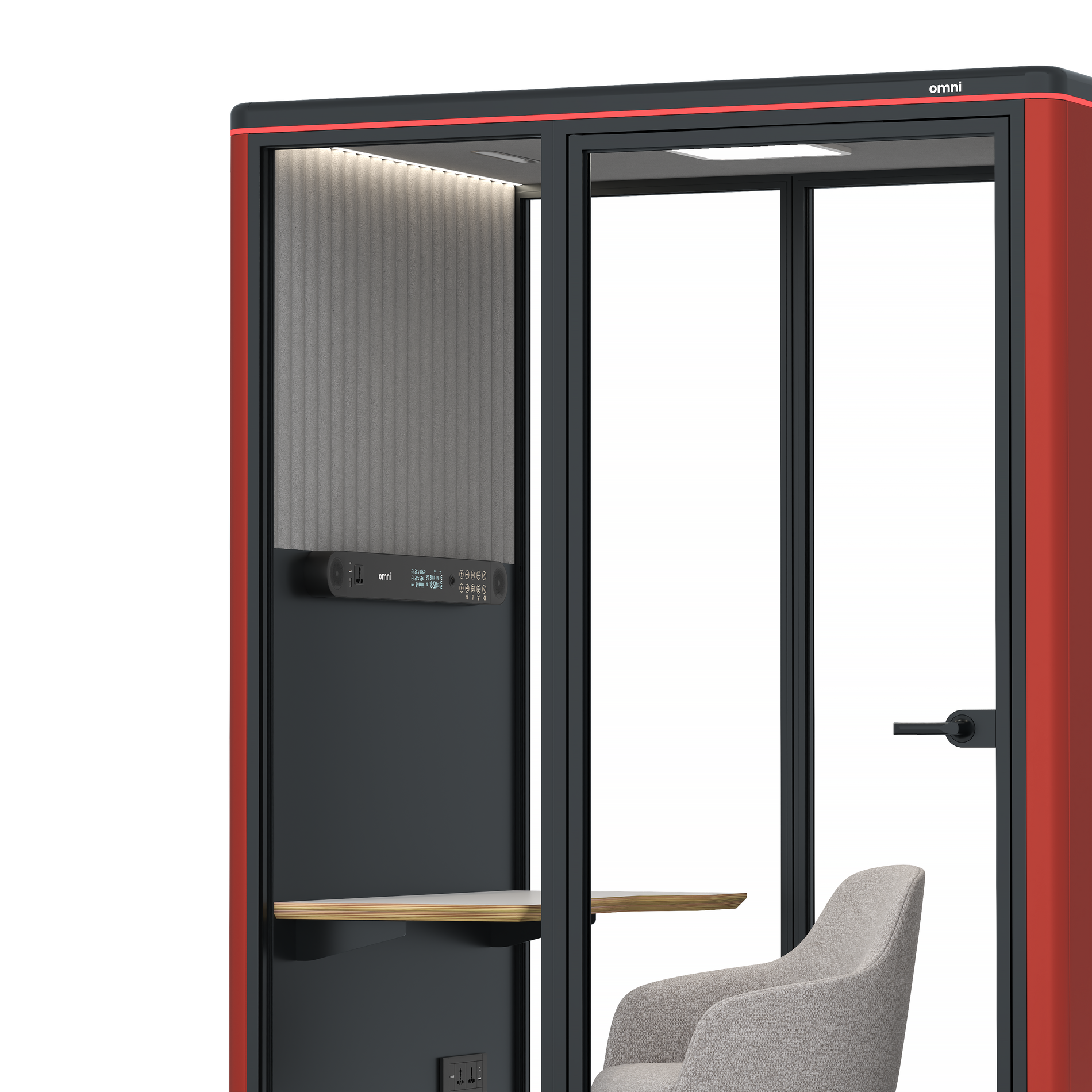 Omni TwoWork Station + Designer Office Chair / RAL Tomato Red / Grey Corrugated