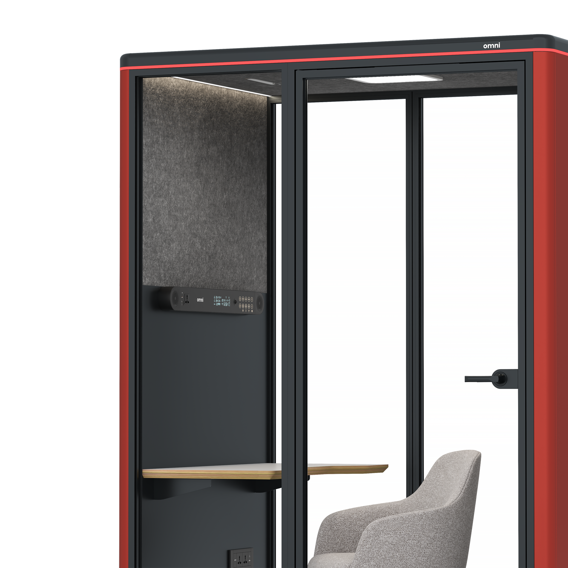 Omni TwoWork Station + Designer Office Chair / RAL Tomato Red / Dark Grey Pet Board