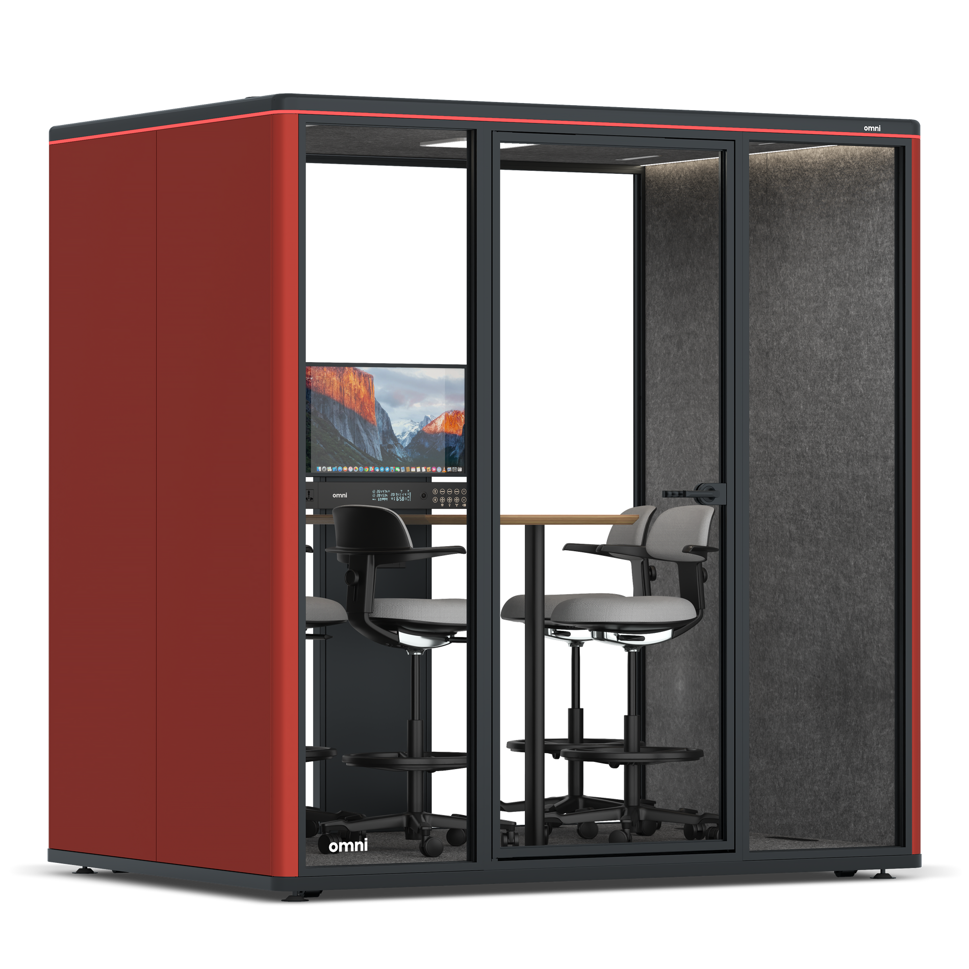 Omni FourCounter Meeting Table (+ Monitor Stand) / RAL Tomato Red / #615f5d