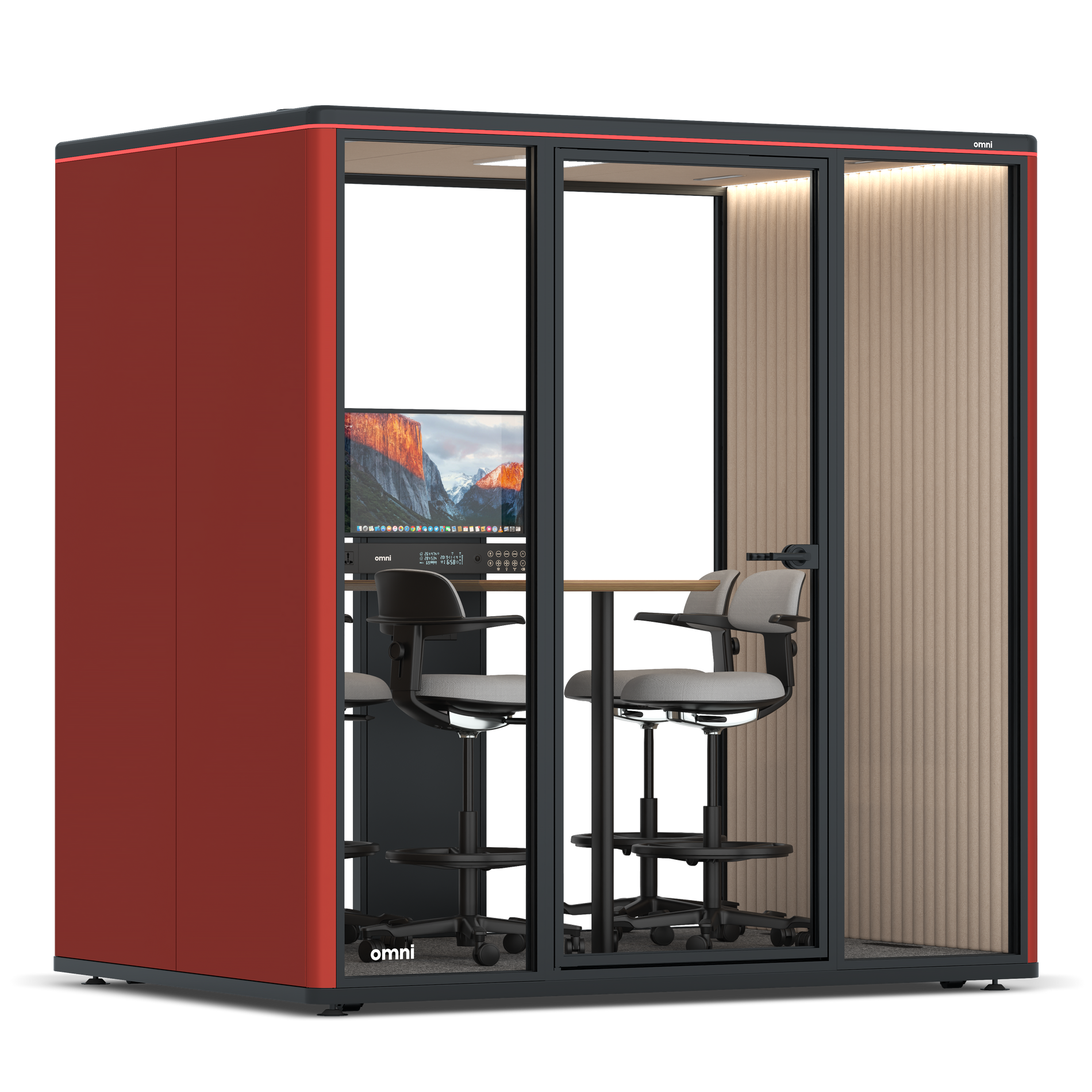 Omni FourCounter Meeting Table (+ Monitor Stand) / RAL Tomato Red / #a18e7e
