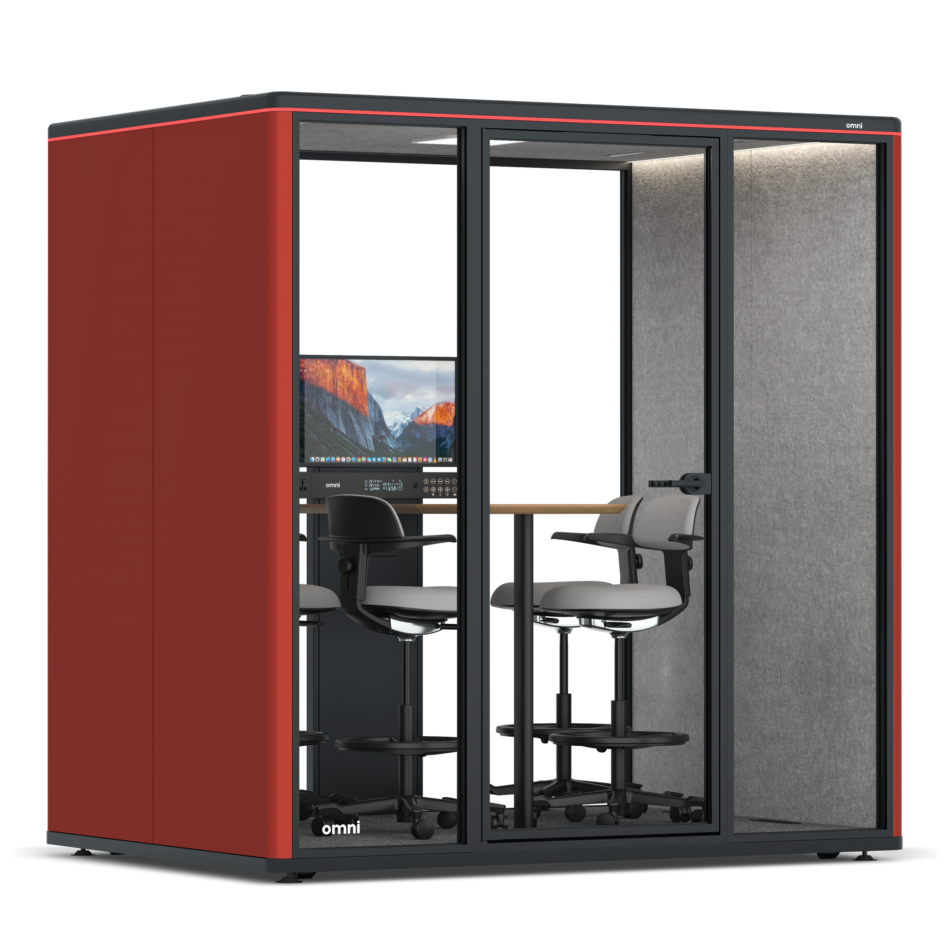Omni FourCounter Meeting Table (+ Monitor Stand) / RAL Tomato Red / #a49f98