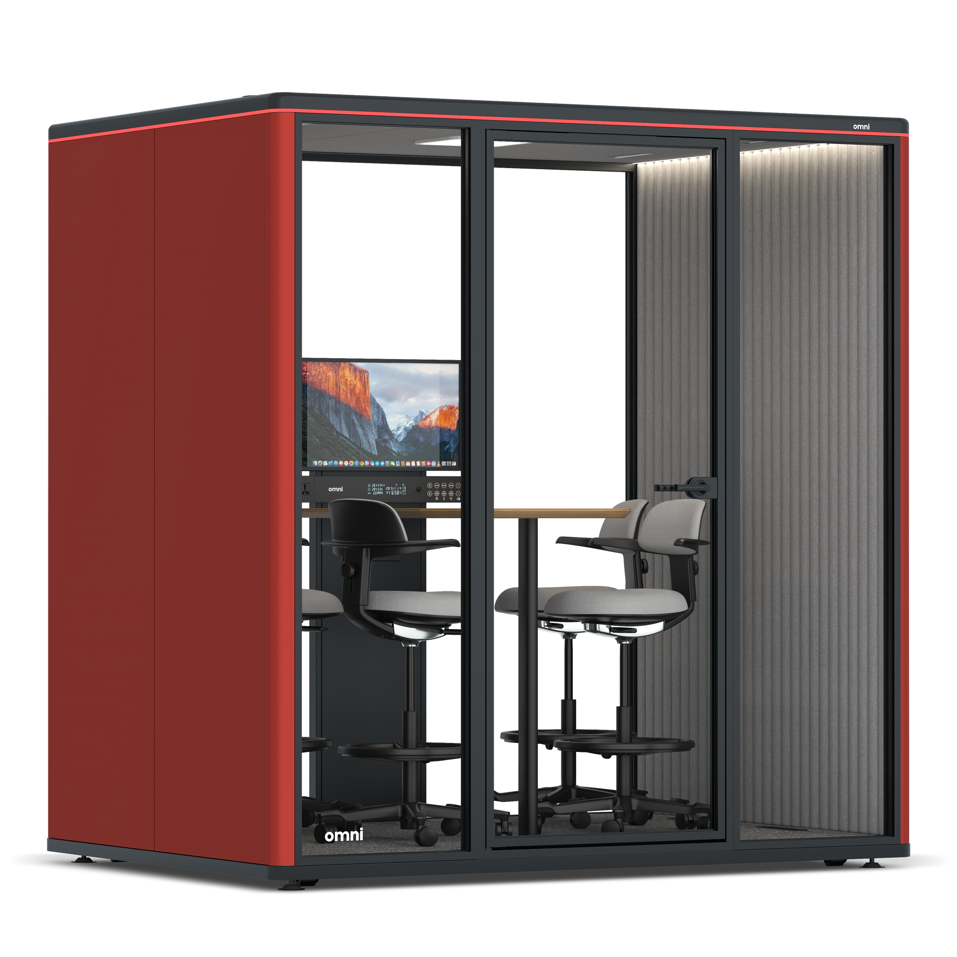 Omni FourCounter Meeting Table (+ Monitor Stand) / RAL Tomato Red / #6d6c69