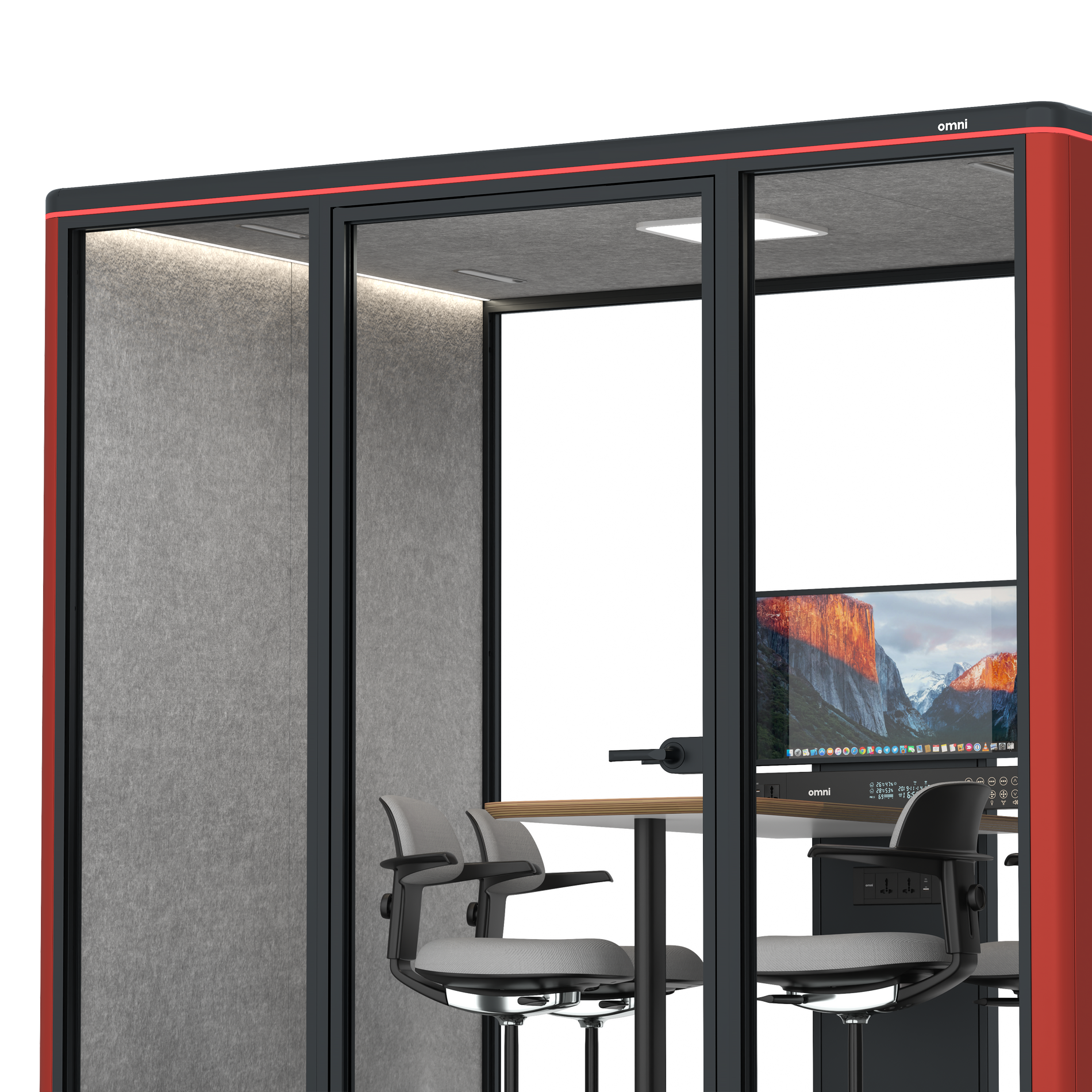 Omni FourCounter Meeting Table (+ Monitor Stand) / RAL Tomato Red / #a49f98