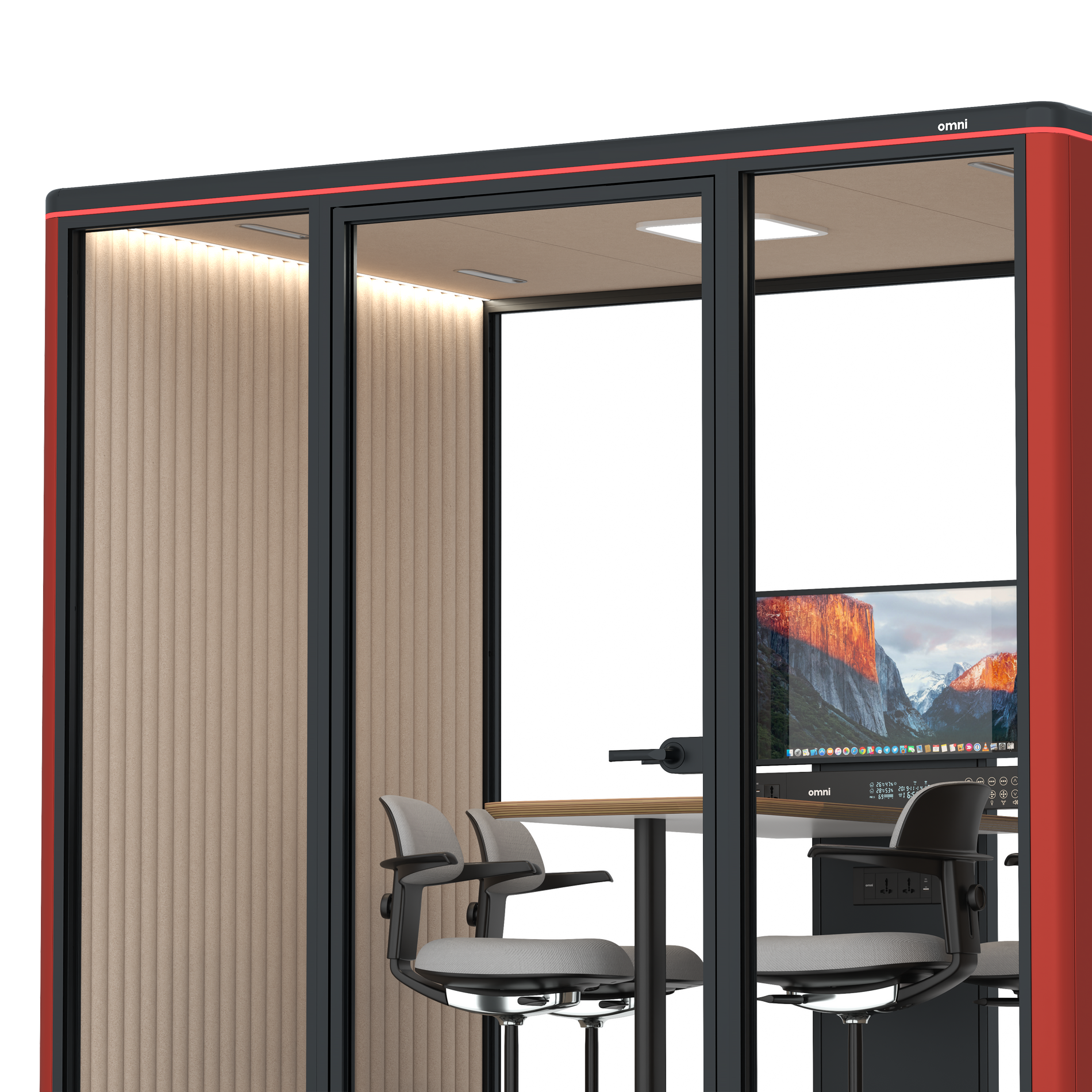 Omni FourCounter Meeting Table (+ Monitor Stand) / RAL Tomato Red / #a18e7e