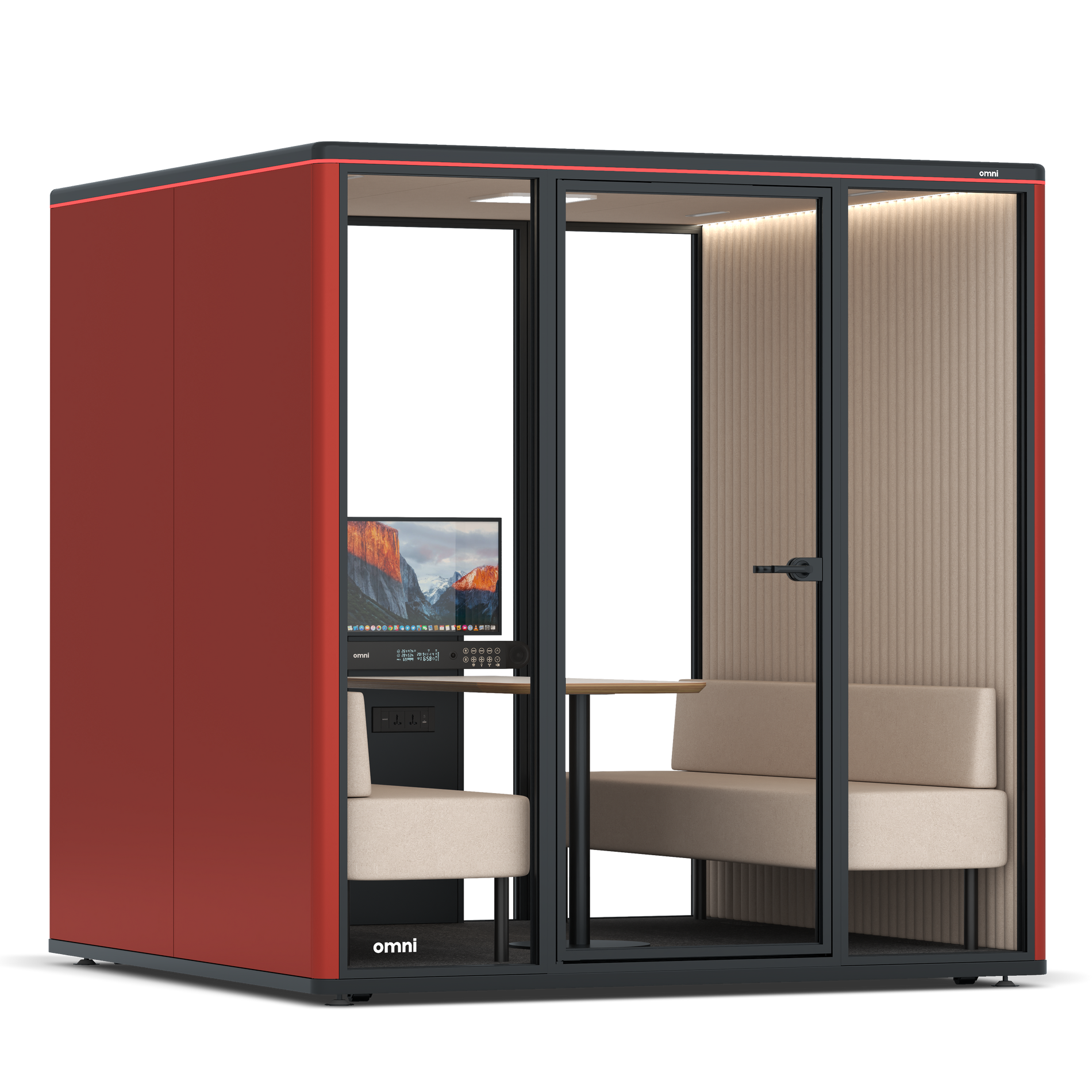 Omni SixSofa (+ Monitor Stand) / RAL Tomato Red / #a18e7e