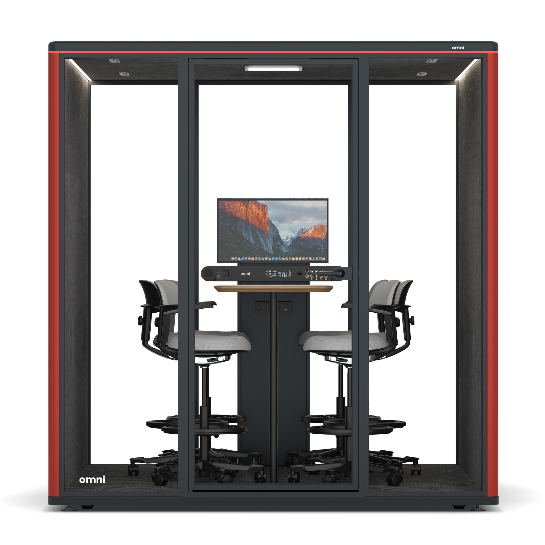 Omni SixCounter Meeting Table (+ Monitor Stand) / RAL Tomato Red / #615f5d