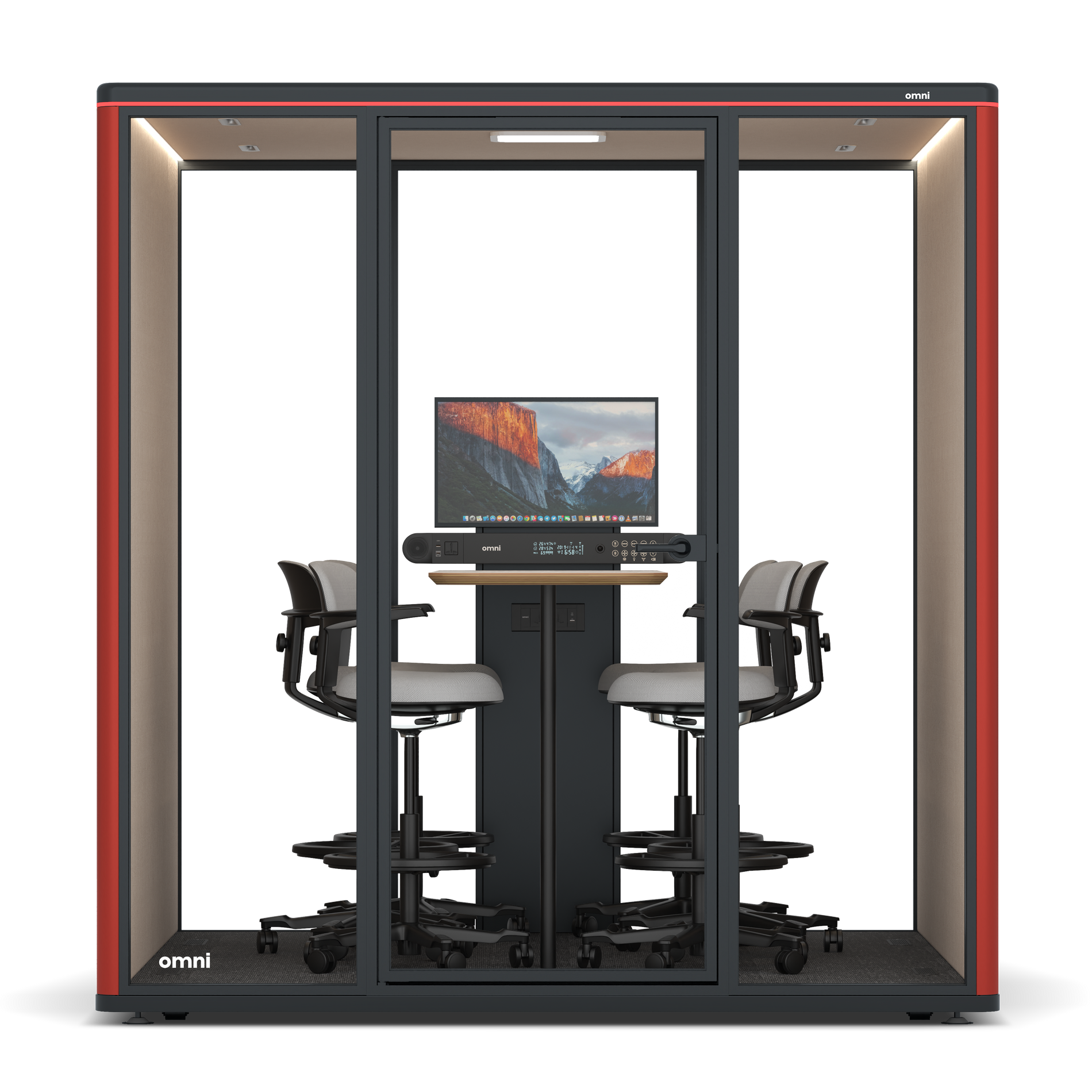 Omni SixCounter Meeting Table (+ Monitor Stand) / RAL Tomato Red / #a18e7e