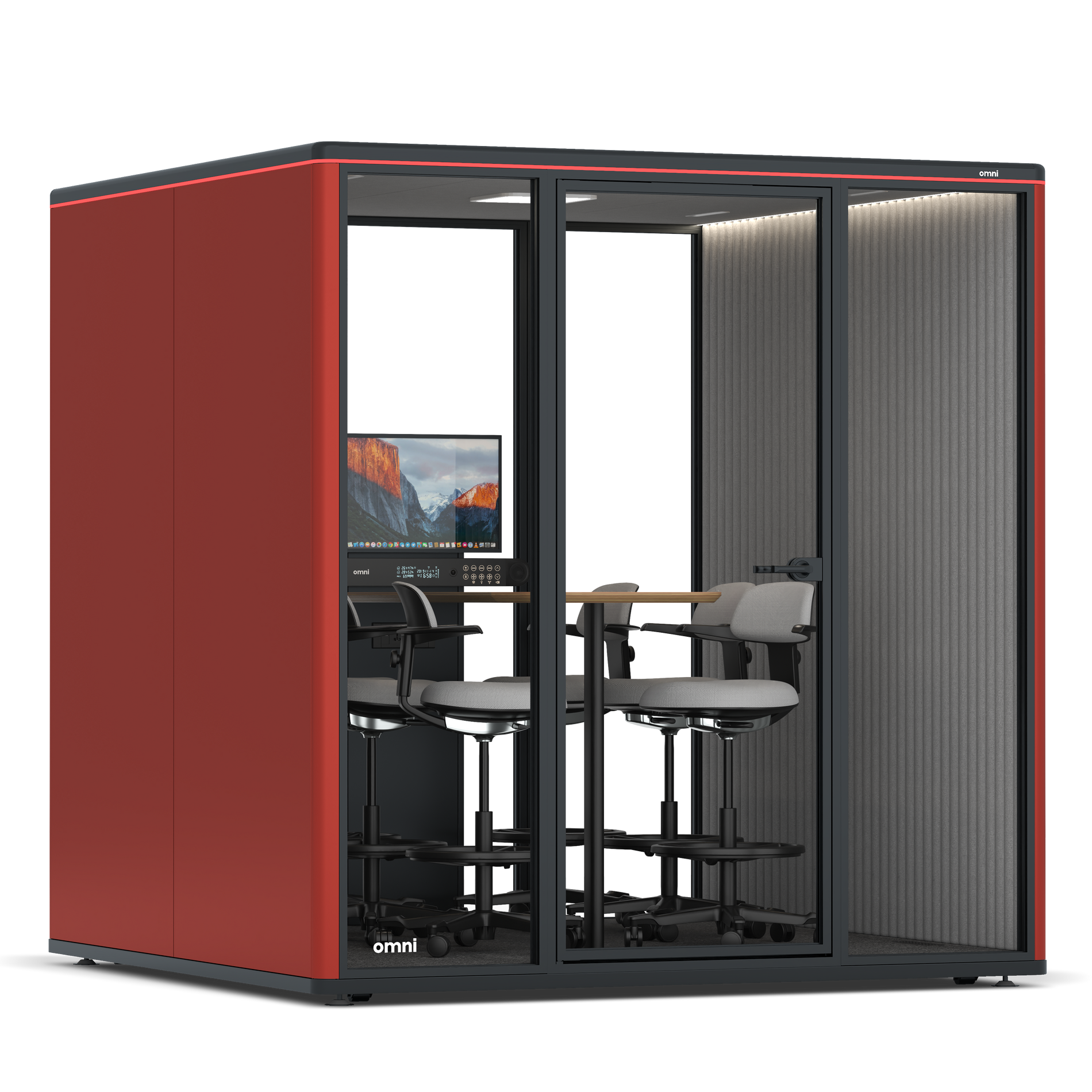 Omni SixCounter Meeting Table (+ Monitor Stand) / RAL Tomato Red / #6d6c69