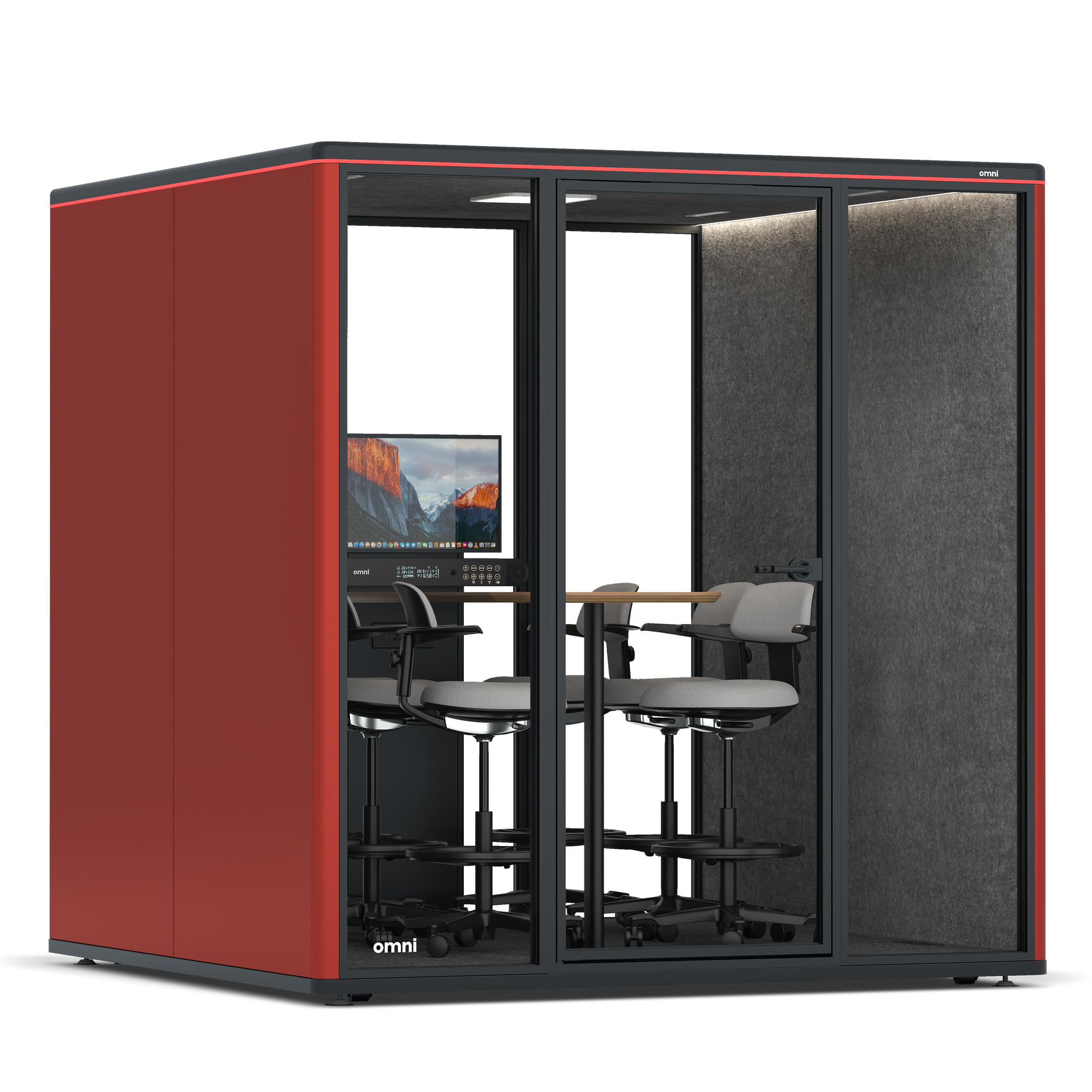 Omni SixCounter Meeting Table (+ Monitor Stand) / RAL Tomato Red / #615f5d