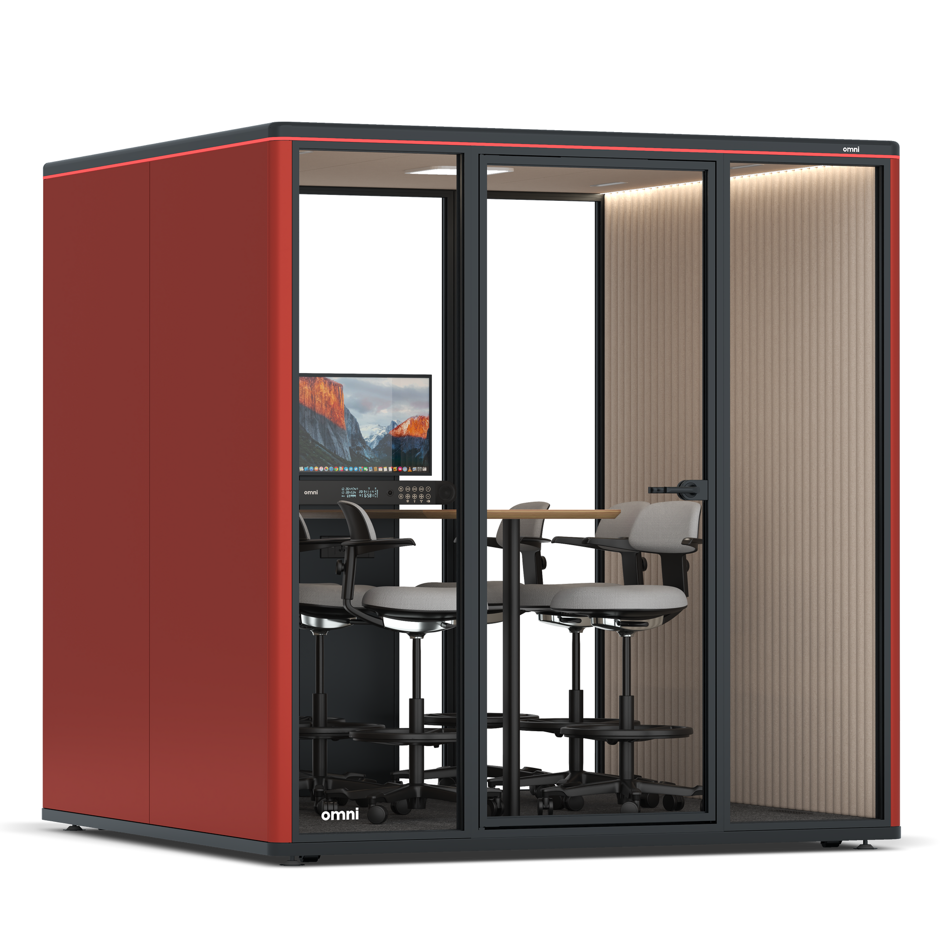 Omni SixCounter Meeting Table (+ Monitor Stand) / RAL Tomato Red / #a18e7e