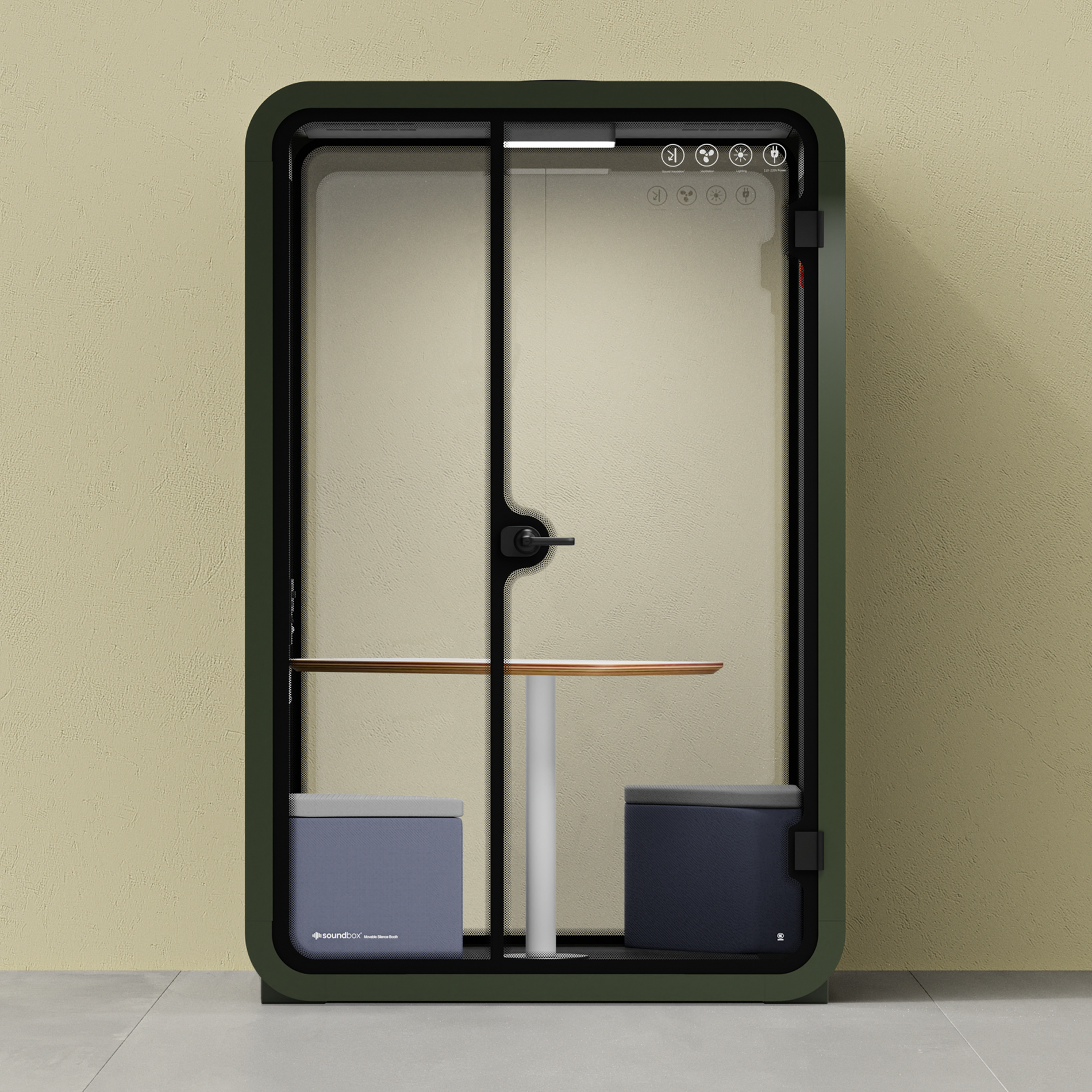 Quell - Büro-Pod - 2 PersonenGreen / Dark Gray / Meeting Room + Table + Corner Stool